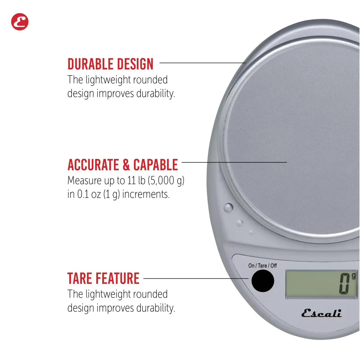 Escali Primo Digital Kitchen Scale with Tare Function, 5000g (11 lb) Capacity, Chrome | Precise Weight Measuring for Baking and Portion Control - view 4
