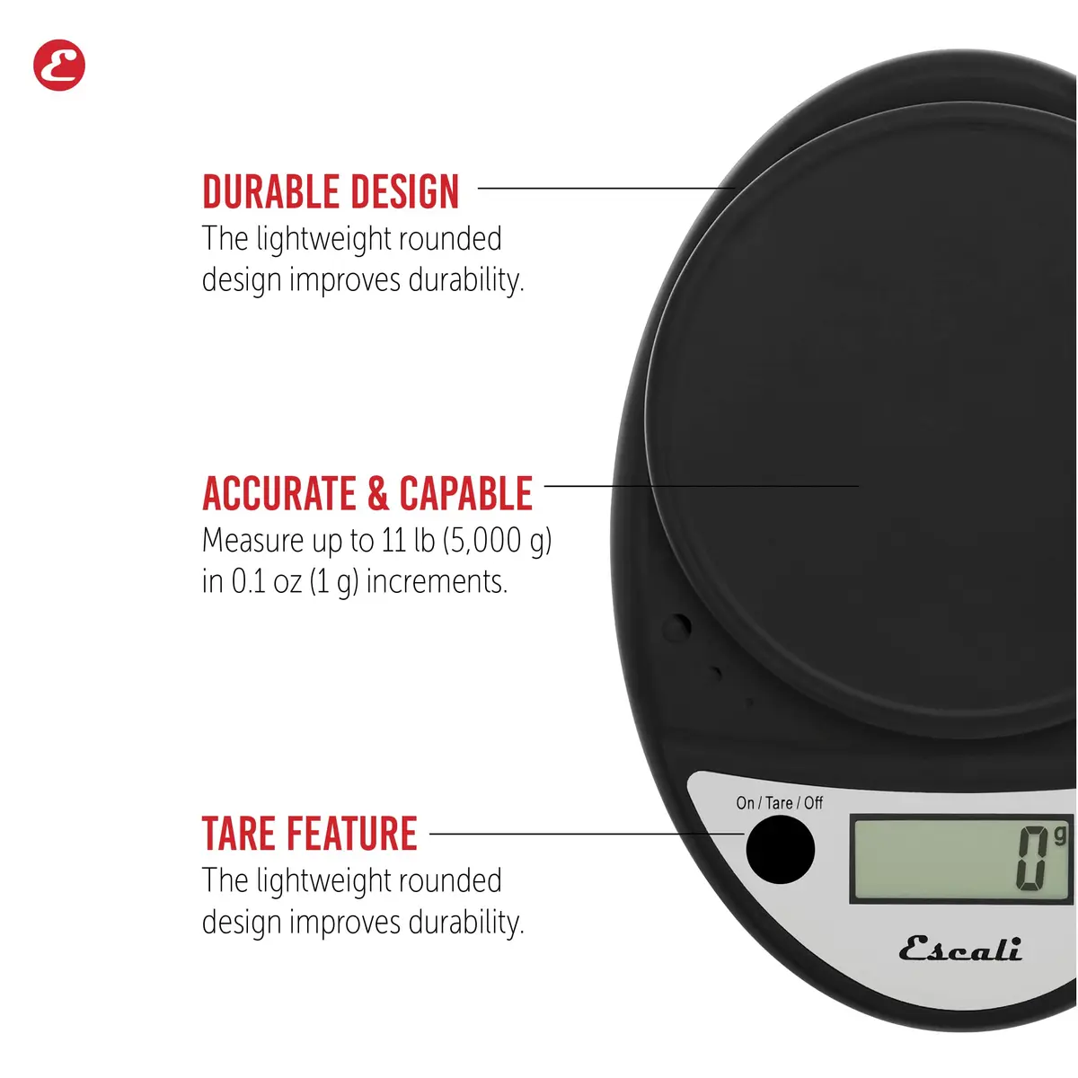 Escali Primo Digital Kitchen Scale 5kg (11 lb) | Precise Weight Measuring for Baking and Portion Control - view 2