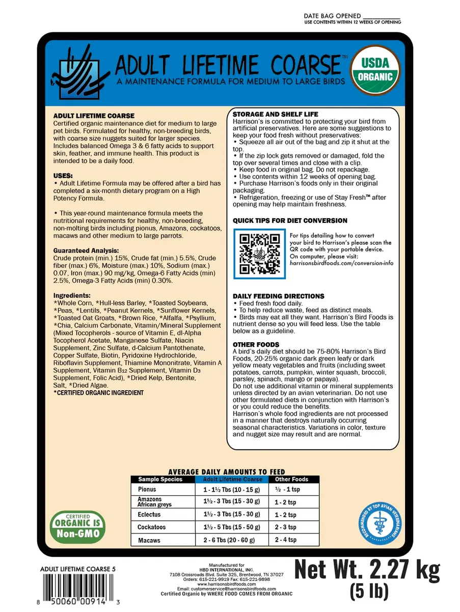 Harrison's Bird Foods Adult Lifetime Coarse 5lb | Certified Organic Non-GMO Bird Food for Medium & Large Parrots - view 2