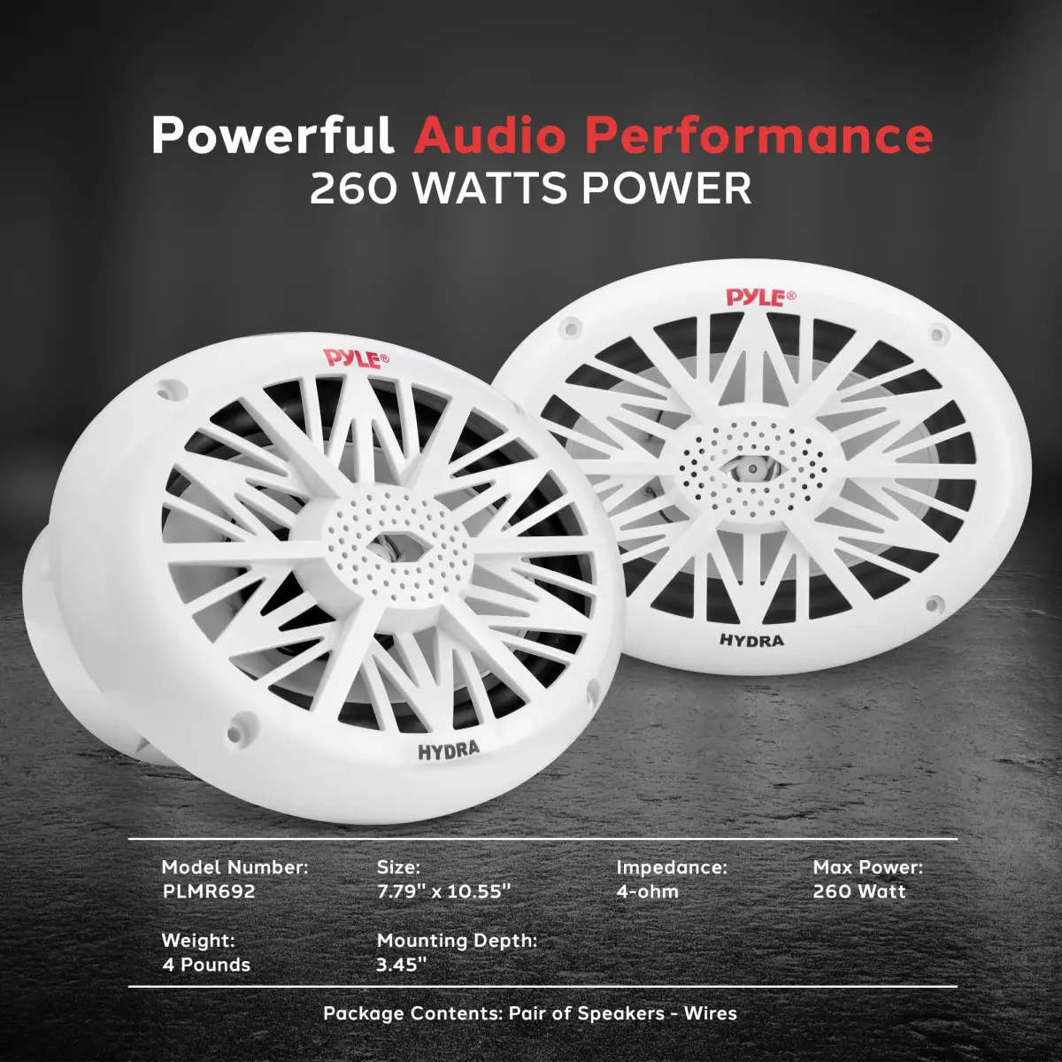 Pyle 6x9 Inch Dual Marine Speakers - 2 Way Waterproof 260 Watt (Pair, White) | 156 mm x 229 mm (6x9 Inch) Speakers - view 3