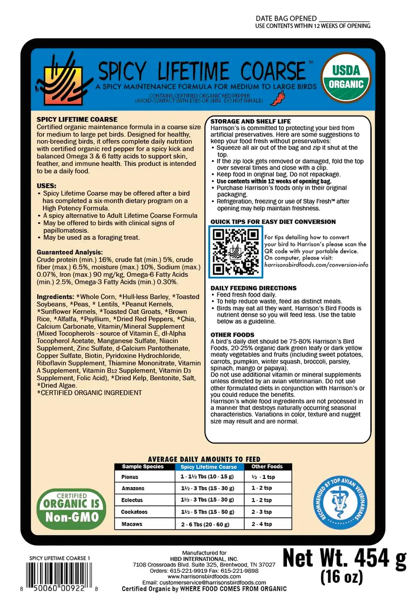 Harrison's Bird Foods Spicy Lifetime Coarse Organic Non-GMO 1lb (454g) | Certified Organic Bird Food for Medium-Large Parrots - view 3