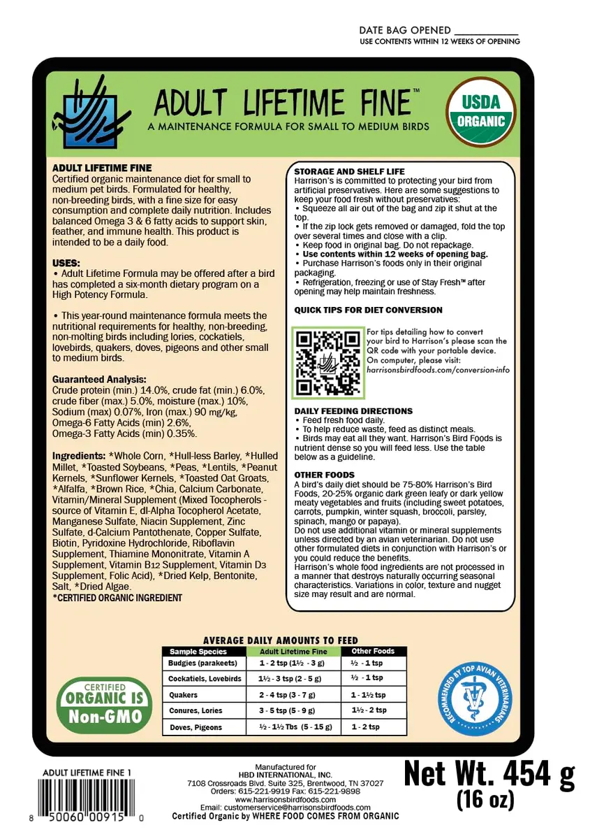 Harrison's Bird Foods Adult Lifetime Fine Certified Organic Non-GMO Formula Bird Food 454g (1lb) | Year-Round Maintenance Nutrition - view 4