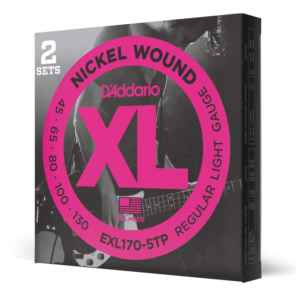 D'Addario XL Nickel Bass Guitar Strings 45-130, 5-String, 2 Sets | Bright Tone, Consistent Feel - main product image