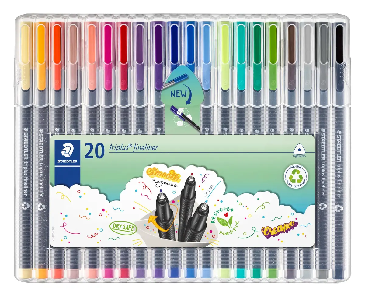 STAEDTLER Triplus Fineliner Pens, 0.3mm, Metal Clad Tip, 20-Pack, Assorted | Fine Metal Tip for Precise Writing - main product image