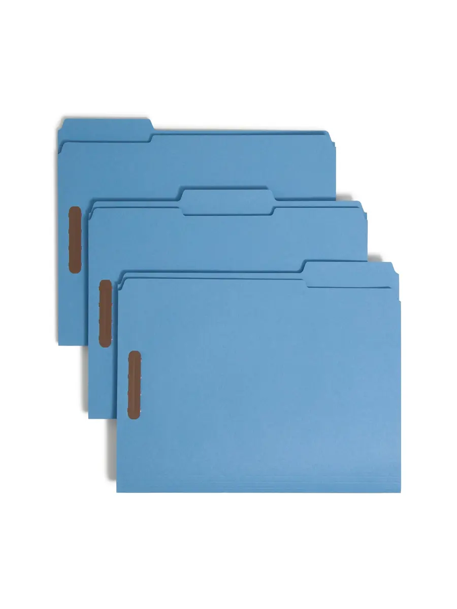 SMEAD Blue Fastener File Folders with Prongs, 3 Tab Letter Size | Durable, Environmentally Responsible Office Organizer - main product image
