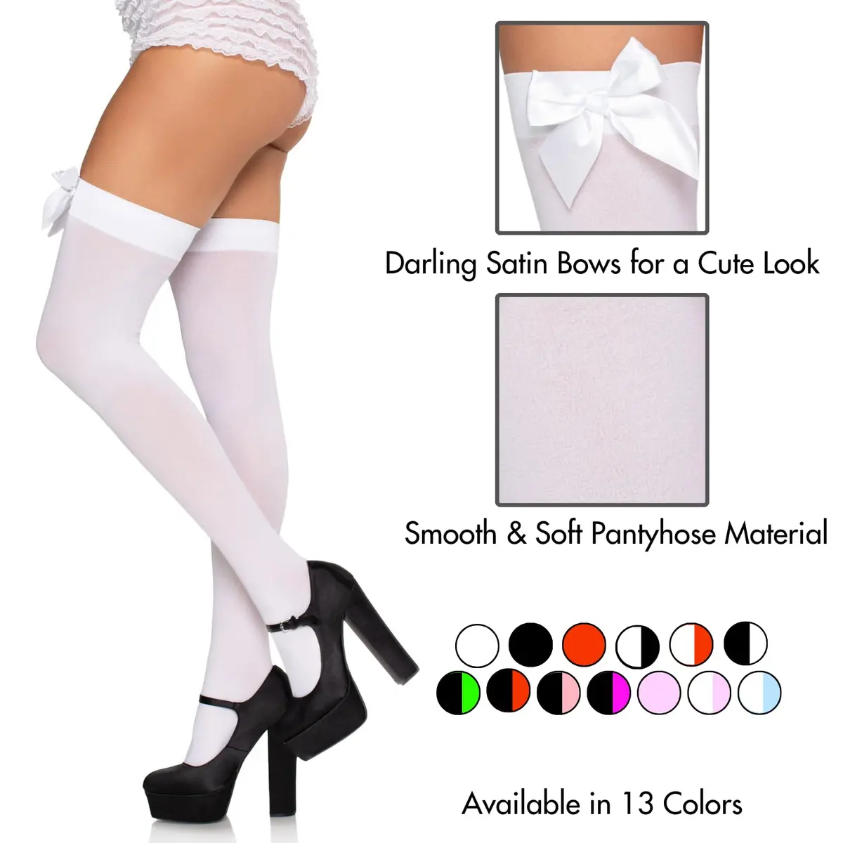 Leg Avenue Plus Size Satin Bow Accent Thigh Highs | Flirty, Comfortable, White - view 3