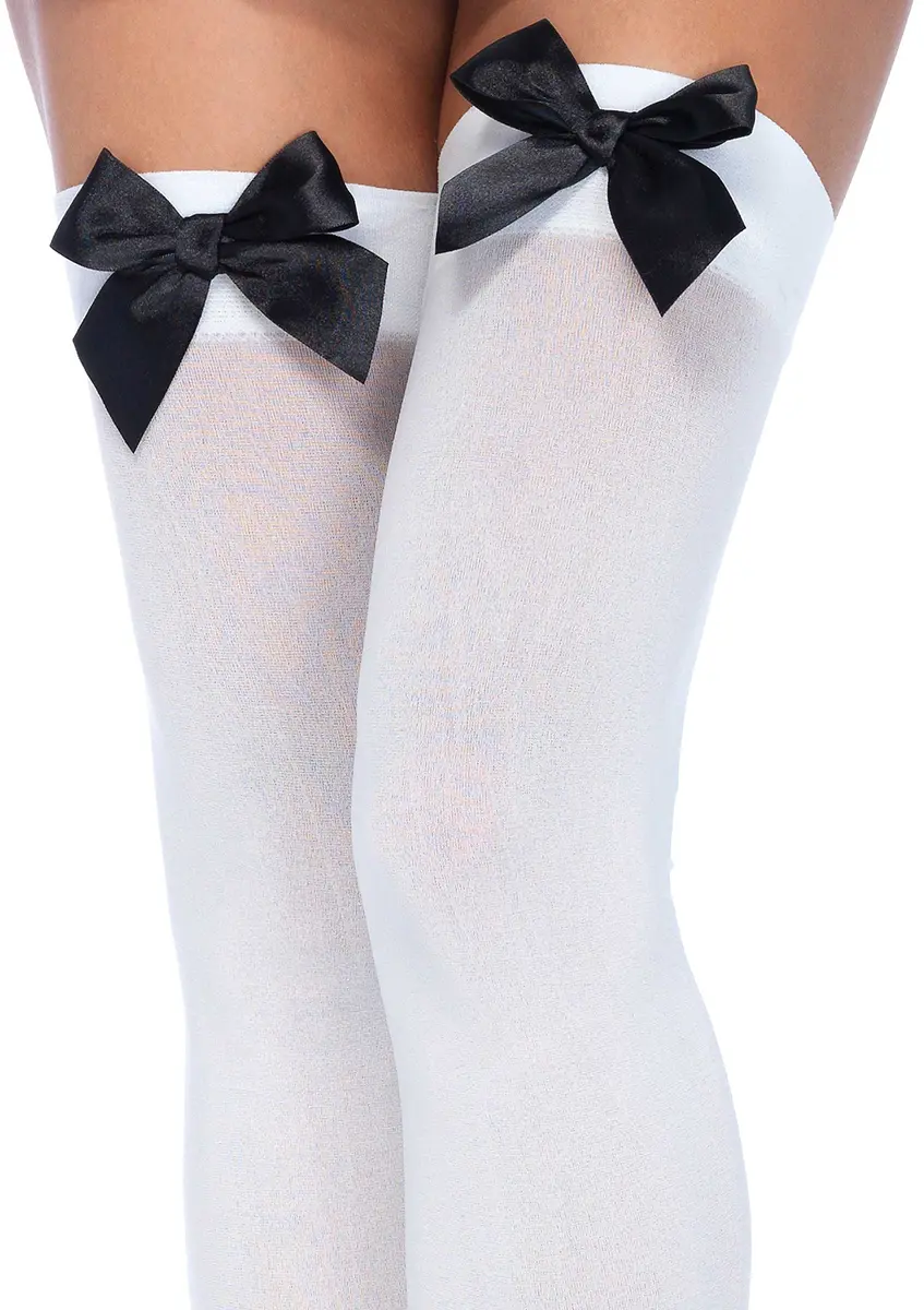 Leg Avenue Womens Satin Bow Accent Thigh Highs, O/S, White/Black - view 2