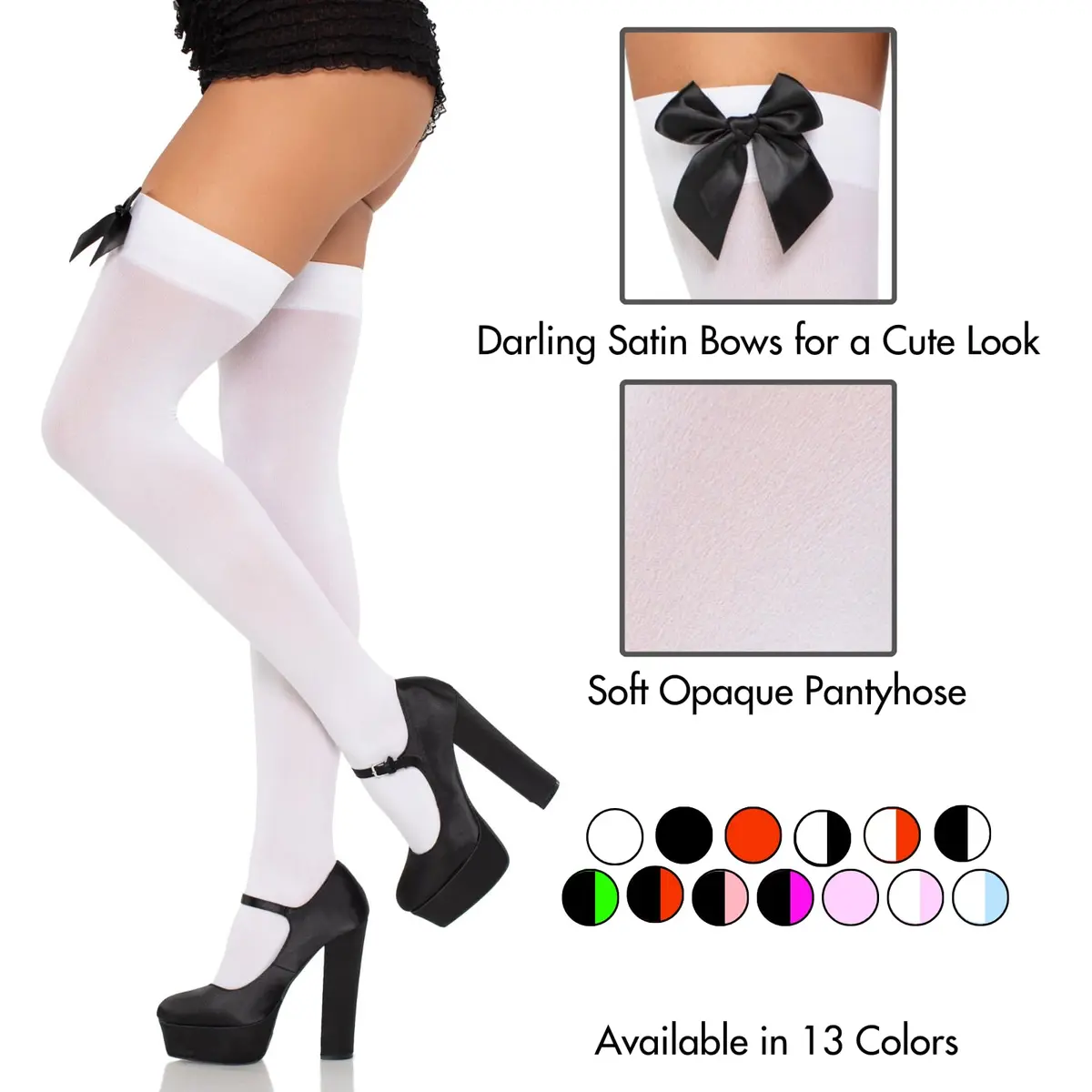Leg Avenue Womens Satin Bow Accent Thigh Highs, O/S, White/Black - view 4