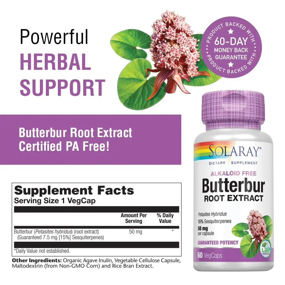 SOLARAY Butterbur Root Extract 50 mg Supplement | 60 Veg Caps for Vascular Smooth Muscle, Respiratory & Urinary Health - view 2