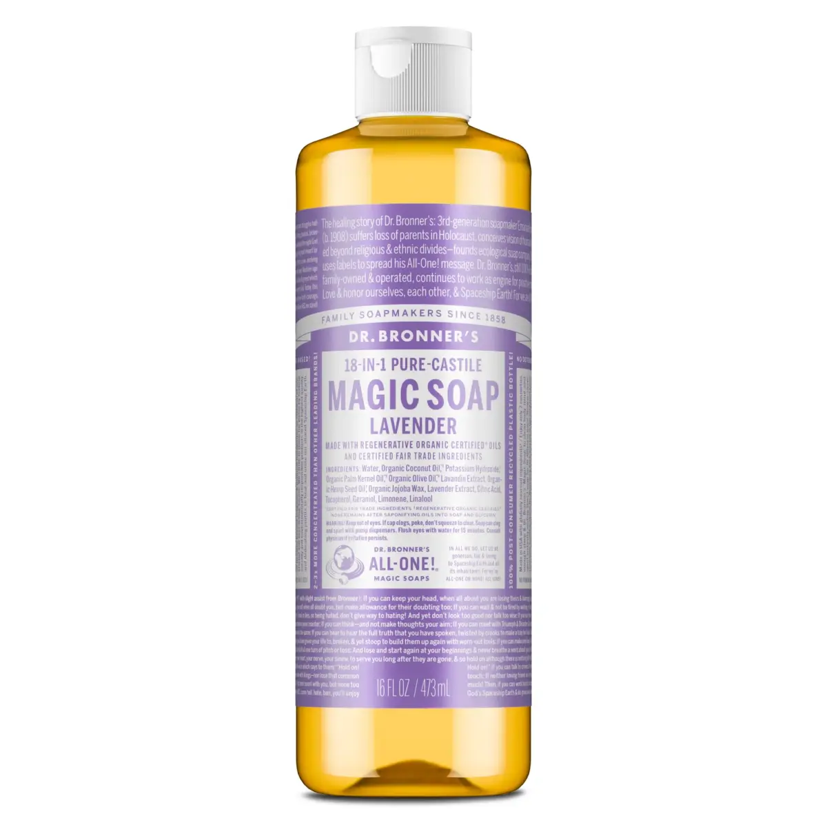 Dr. Bronner's Pure-Castile Liquid Soap Lavender 472ml (16 Fl Oz) | Gentle Organic 18-in-1 Use All-Purpose Cleanser - main product image