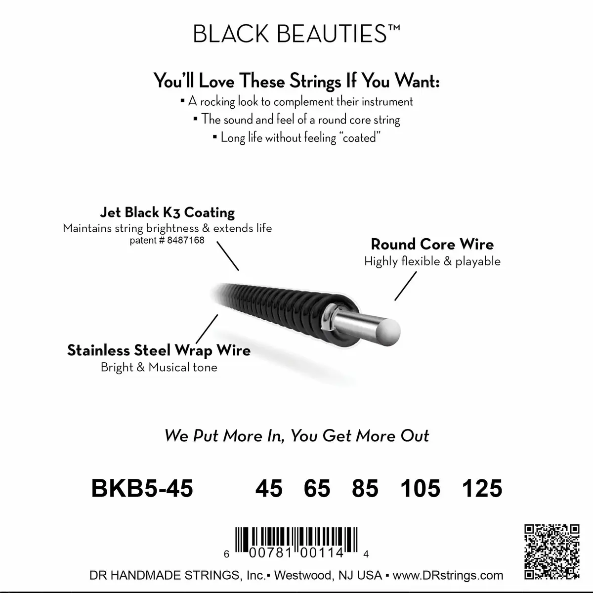 DR Strings Black Beauties BKB5-45 Medium 5-String Bass Guitar Strings 125-045 | Coated Nickel-Plated Round Core - view 2