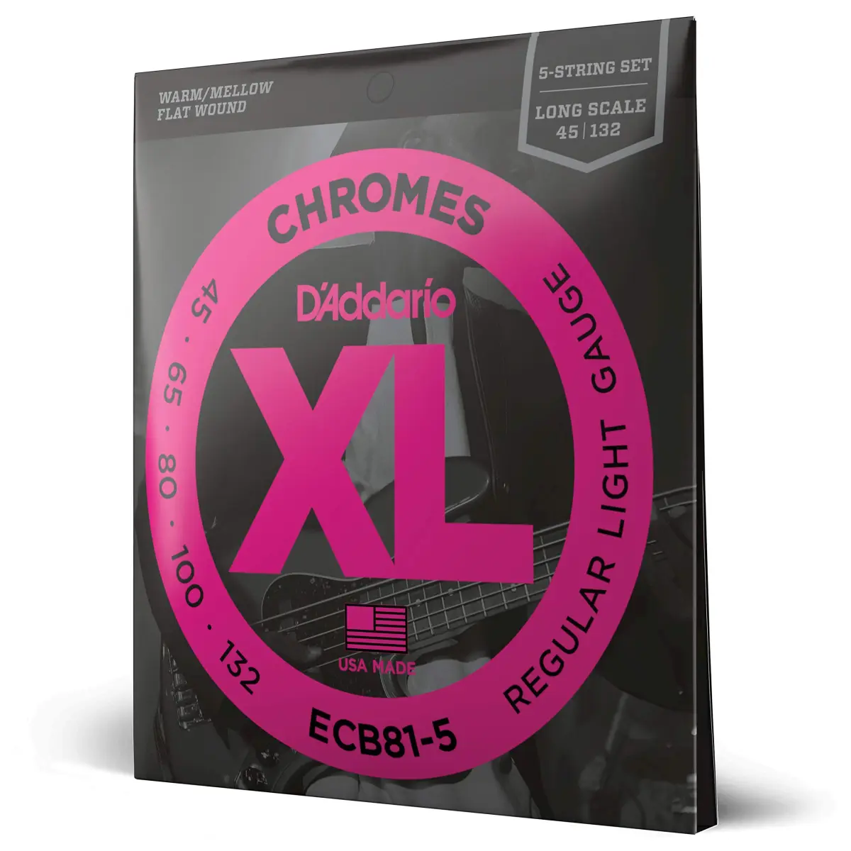 D'Addario XL Chromes Flatwound Bass Strings ECB81-5, 45-132, 5-String | Mellow Tone, Smooth Feel - main product image