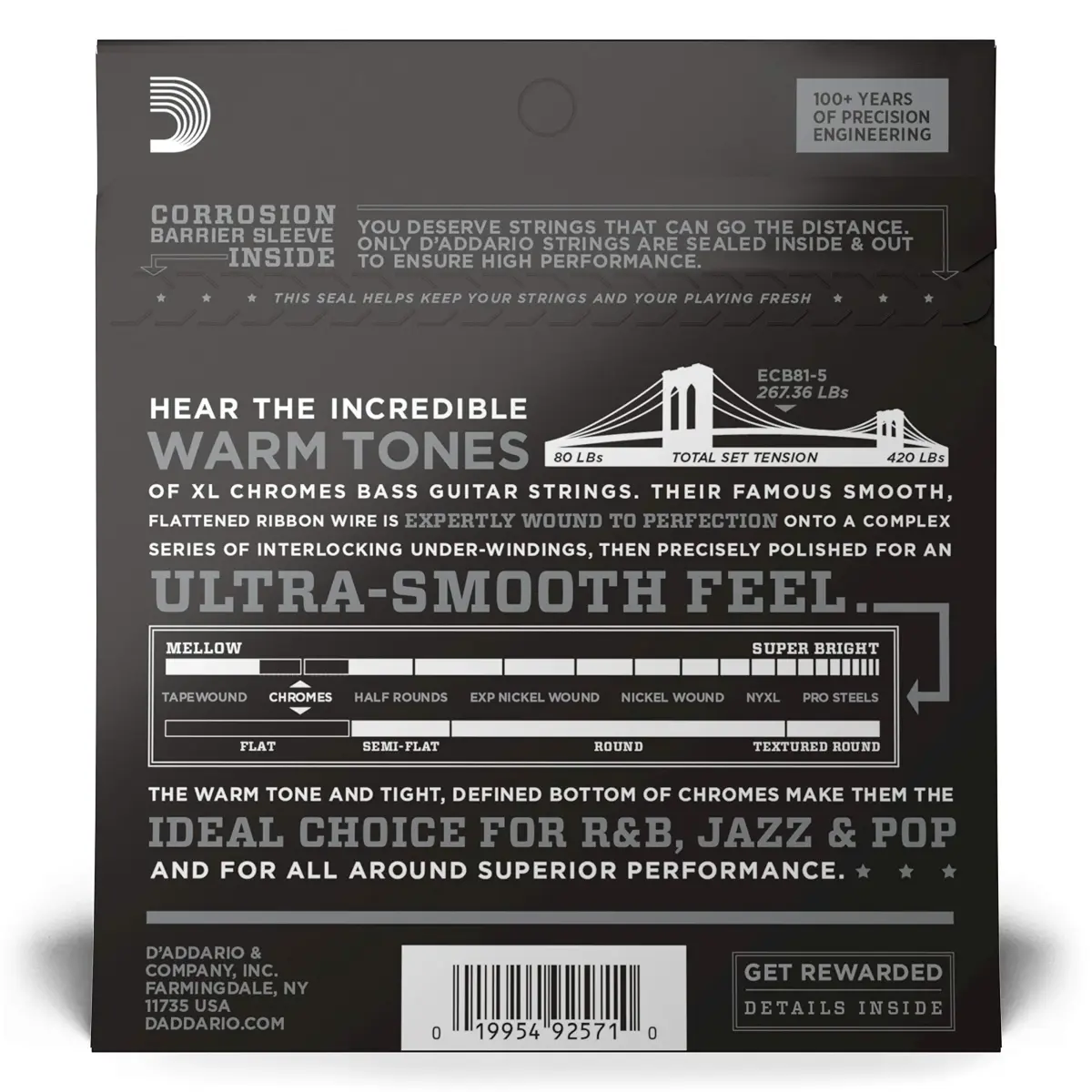 D'Addario XL Chromes Flatwound Bass Strings ECB81-5, 45-132, 5-String | Mellow Tone, Smooth Feel - view 2