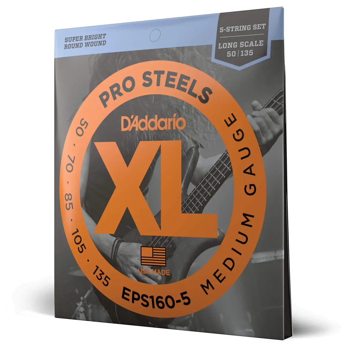 D'Addario XL ProSteels Bass Strings EPS160-5, 50-135 Medium Gauge, 5-String Set | Bright Tone & Tight Lows - main product image
