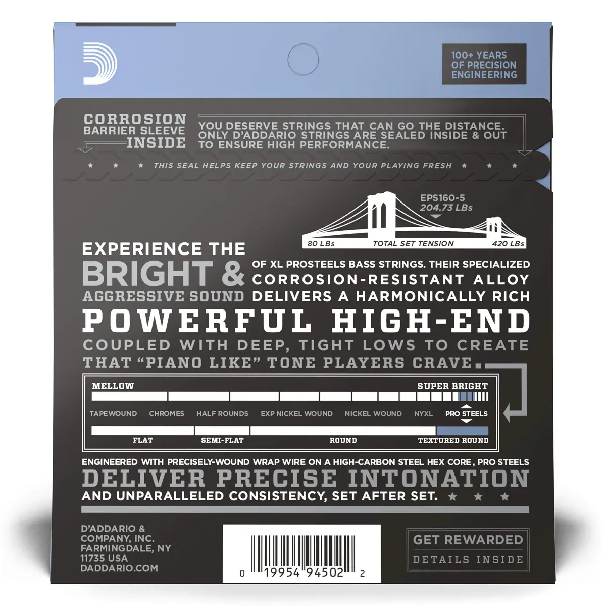 D'Addario XL ProSteels Bass Strings EPS160-5, 50-135 Medium Gauge, 5-String Set | Bright Tone & Tight Lows - view 2