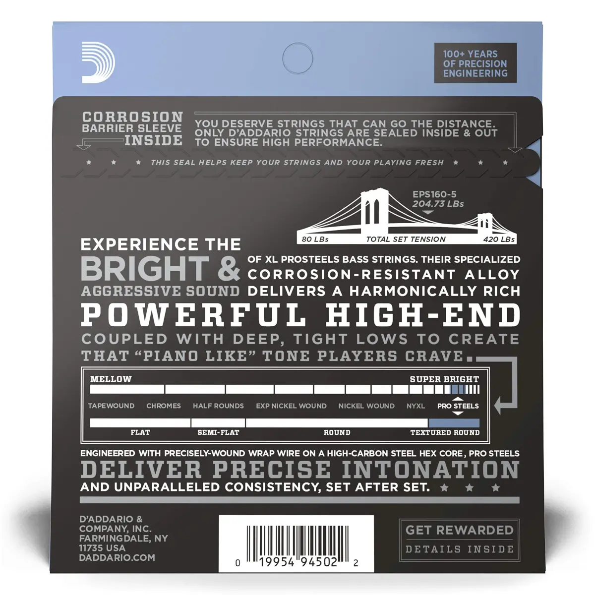 D'Addario XL ProSteels Bass Strings EPS165-5, 45-135, 5-String | Bright Punch & Tight Lows - view 2