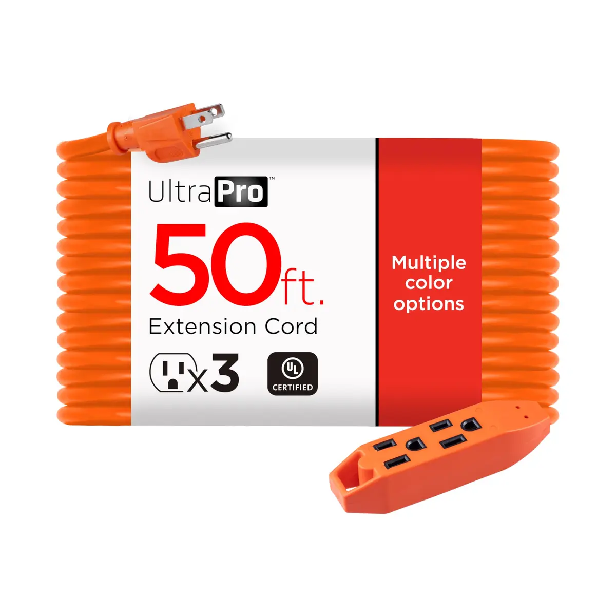 UltraPro 50 Ft Indoor Extension Cord 3 Outlet Power Strip | Heavy Duty 16 Gauge, Orange, ETL Listed - main product image