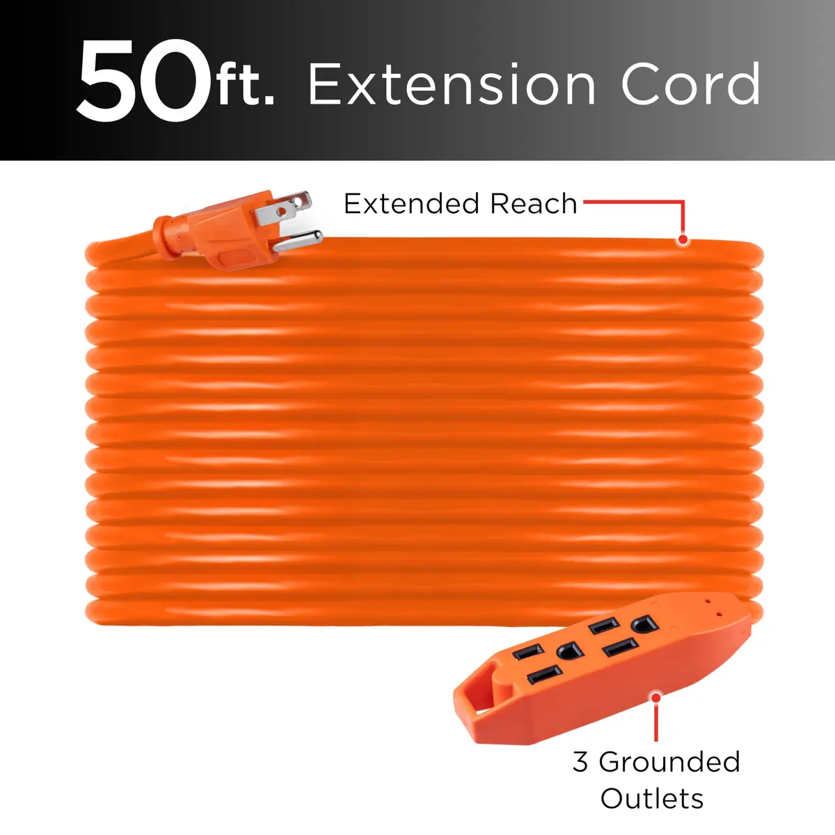 UltraPro 50 Ft Indoor Extension Cord 3 Outlet Power Strip | Heavy Duty 16 Gauge, Orange, ETL Listed - view 2
