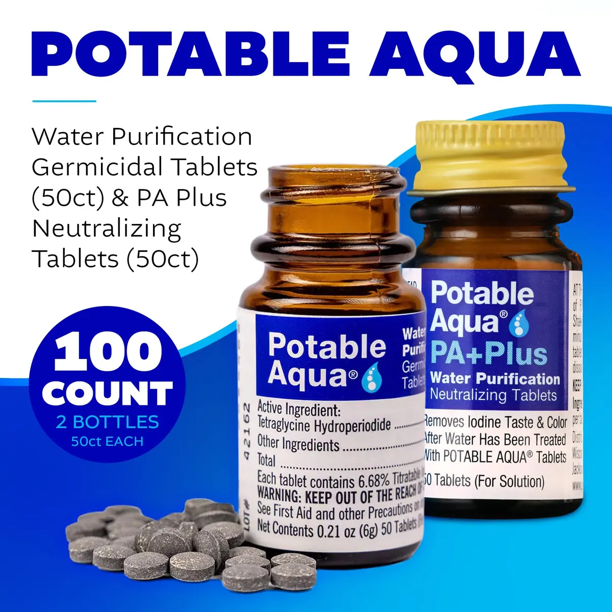 Potable Aqua Water Purification Tablets with PA Plus - 100 Count (50+50) | Disinfects Water for Hiking & Emergencies - view 2