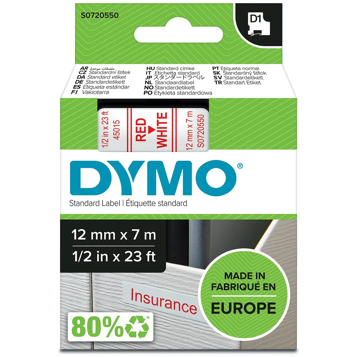 DYMO D1 Label Tape, Red on White, 12mm x 7m Roll | Authentic Belgium-Made Labeling Tape - main product image
