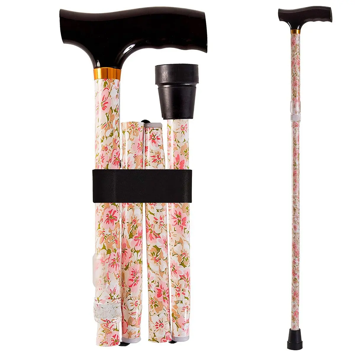 DMI Designer Folding Cane with Ergonomic Wood Handle | Adjustable 33-37 Inch, Floral Pattern, Supports 250 lbs - main product image
