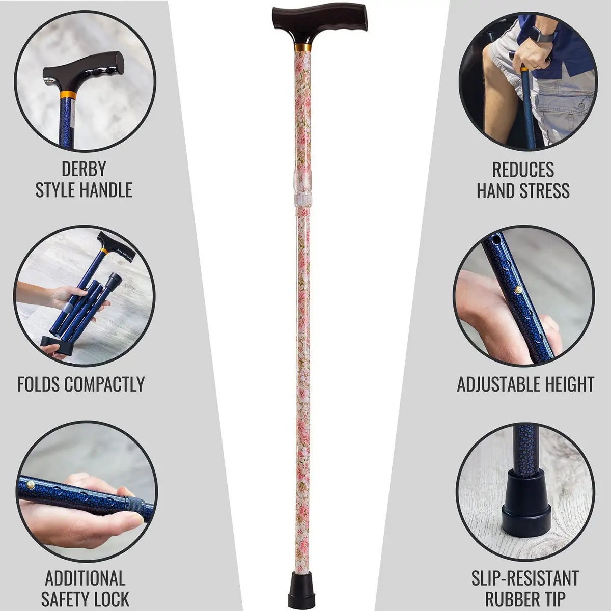 DMI Designer Folding Cane with Ergonomic Wood Handle | Adjustable 33-37 Inch, Floral Pattern, Supports 250 lbs - view 7