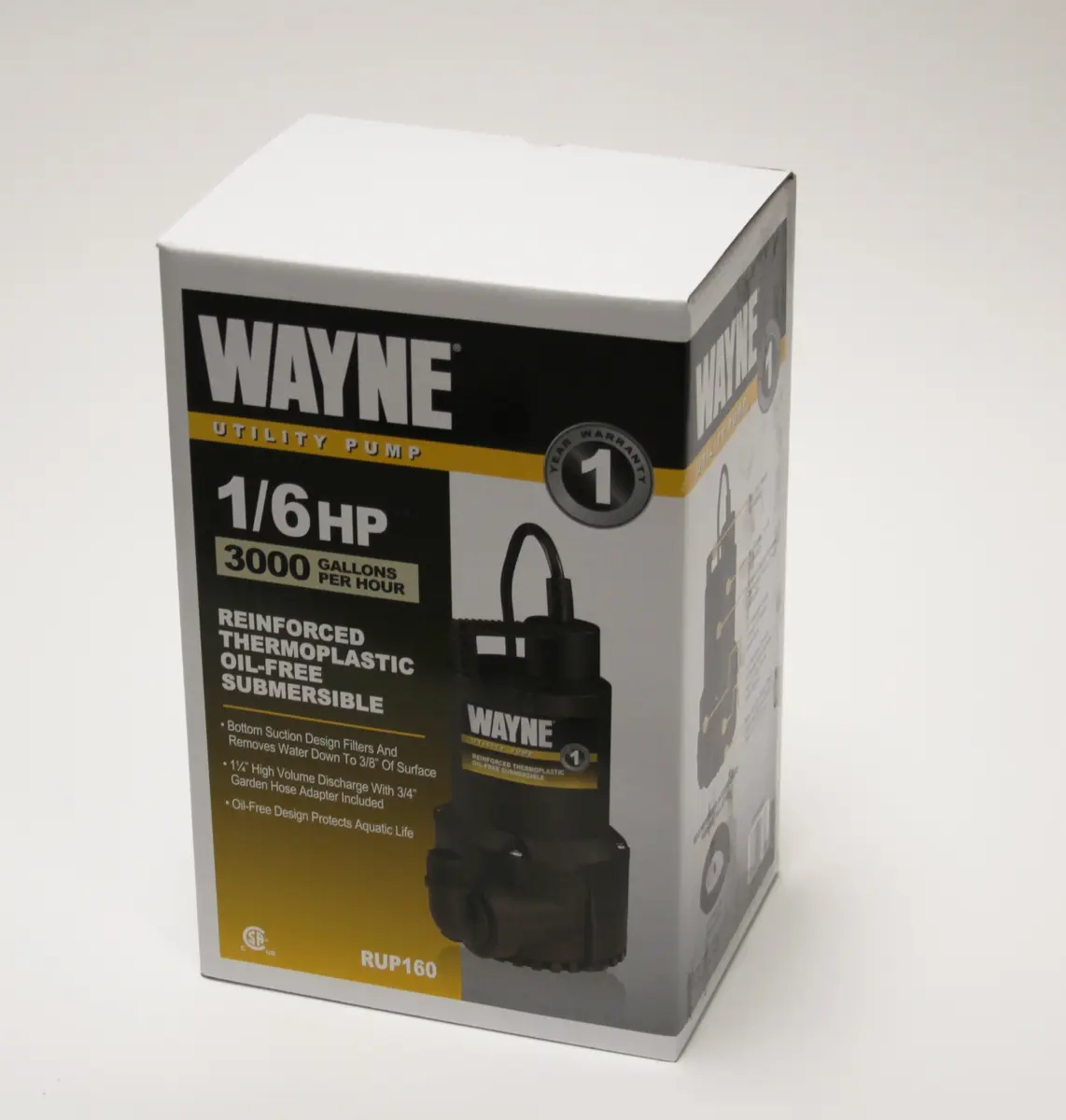 Wayne RUP160-1/6 HP Reinforced Thermoplastic Submersible Multi-Use Pump - Up to 3,100 GPH, Heavy Duty - view 2