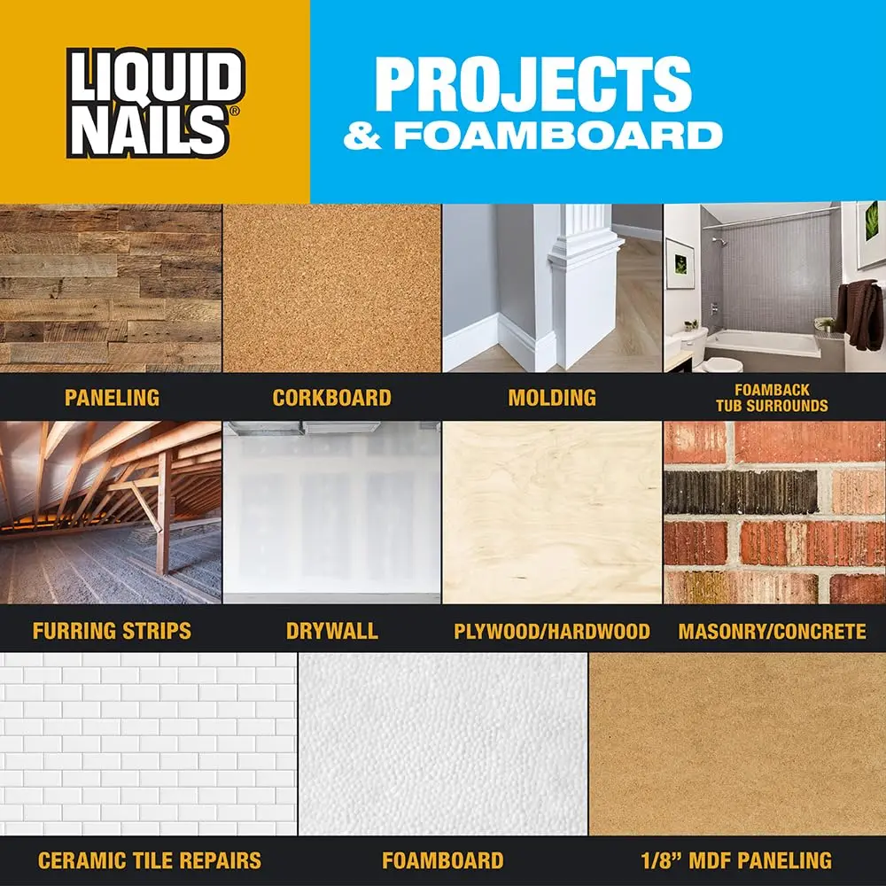 Liquid Nails Projects & Foamboard Adhesive 295ml (10 Fl Oz) | Bonds Foam Insulation, Drywall & Panels - view 5