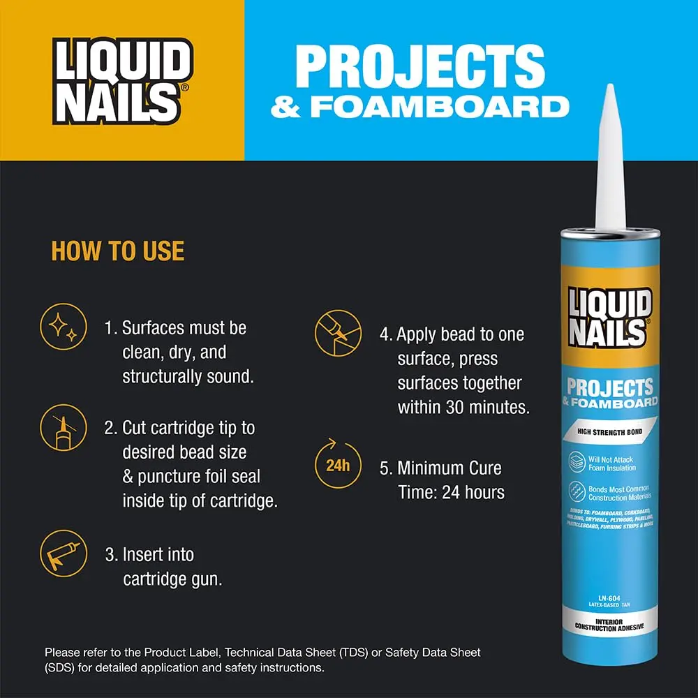 Liquid Nails Projects & Foamboard Adhesive 295ml (10 Fl Oz) | Bonds Foam Insulation, Drywall & Panels - view 3