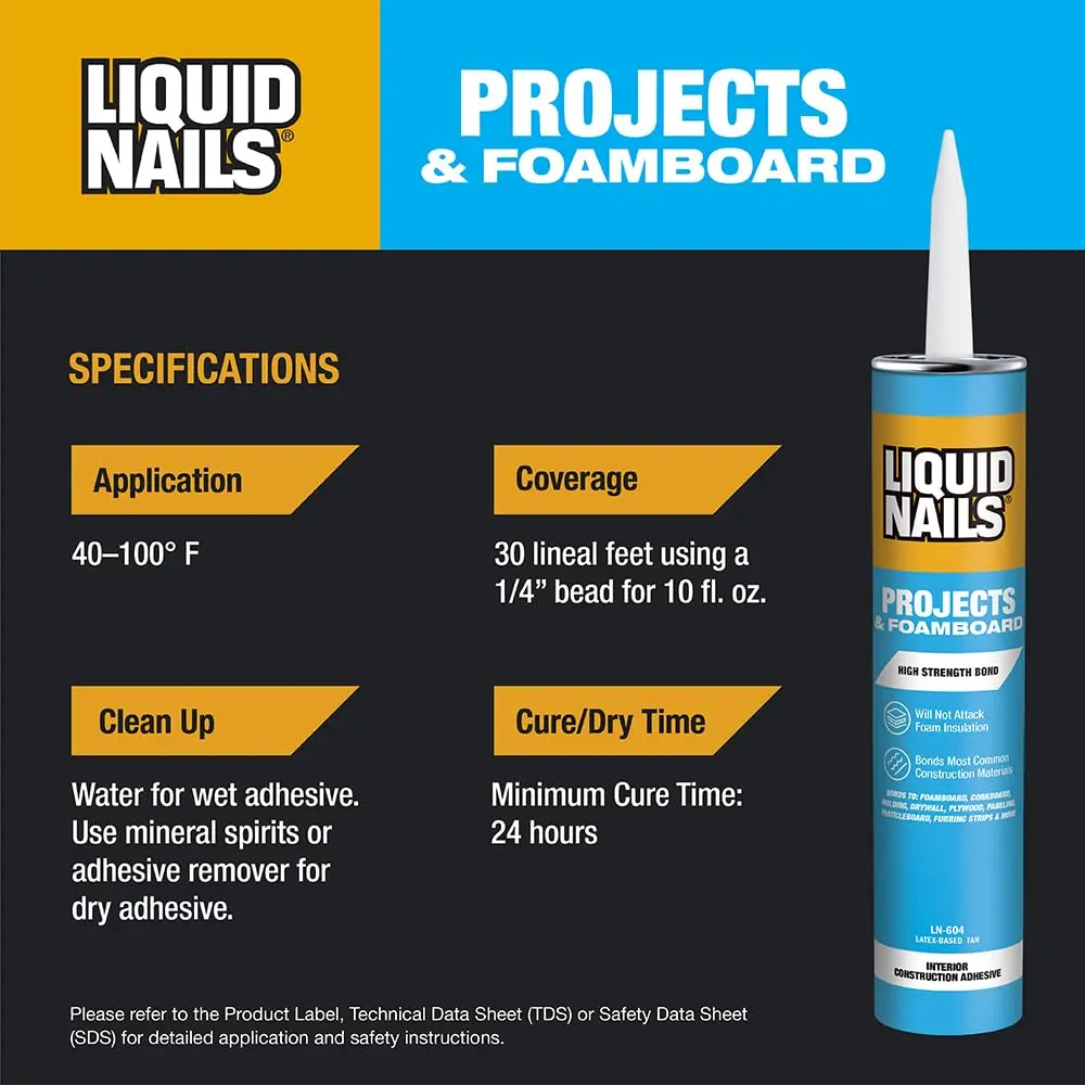 Liquid Nails Projects & Foamboard Adhesive 295ml (10 Fl Oz) | Bonds Foam Insulation, Drywall & Panels - view 4