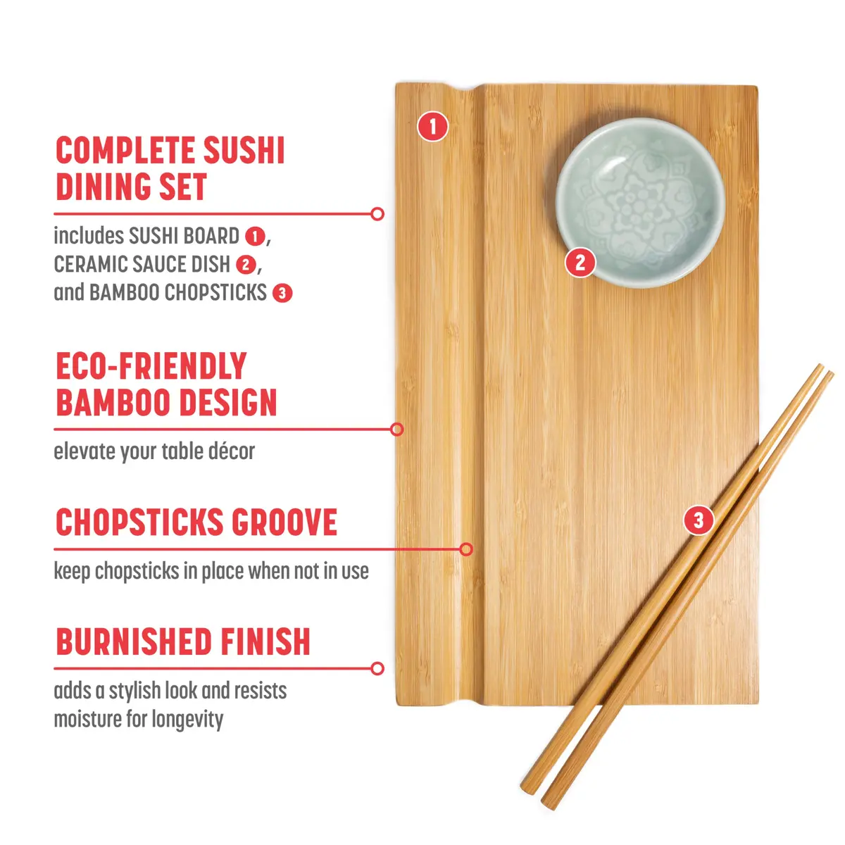 Joyce Chen Bamboo Sushi Board Set 6" x 10.5" | Elegant Bamboo Sushi Platter for Indian Hosts - view 5