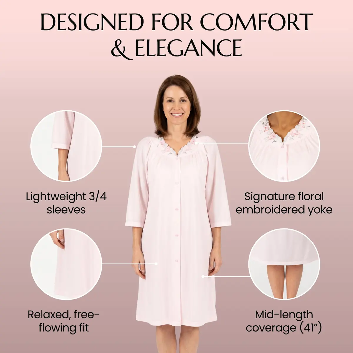 Shadowline Women's Petals 3/4 Sleeve Button Front Robe, Pink, Small | Floral Embroidered Nightgown for Women - view 3