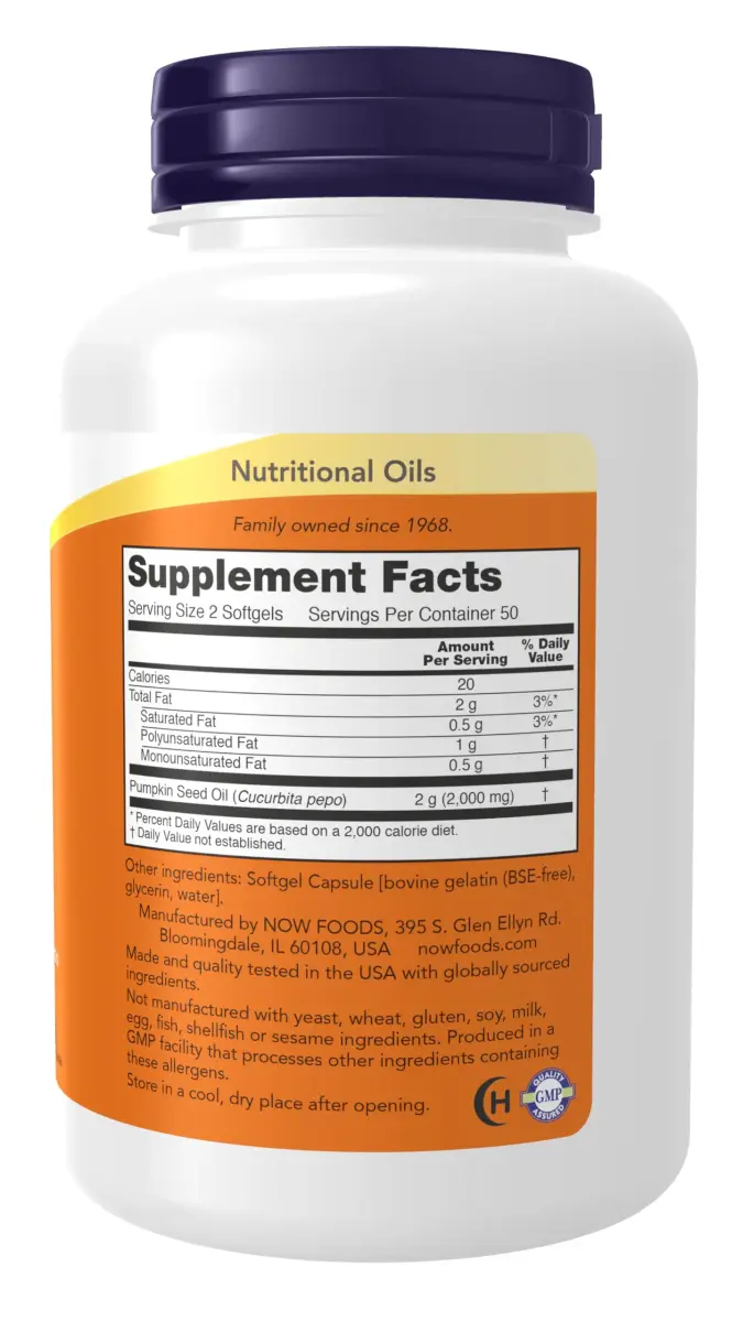 NOW Foods Pumpkin Seed Oil 1000 mg 100 Softgels | Cold Pressed Nutritional Oil with Essential Fatty Acids - view 2