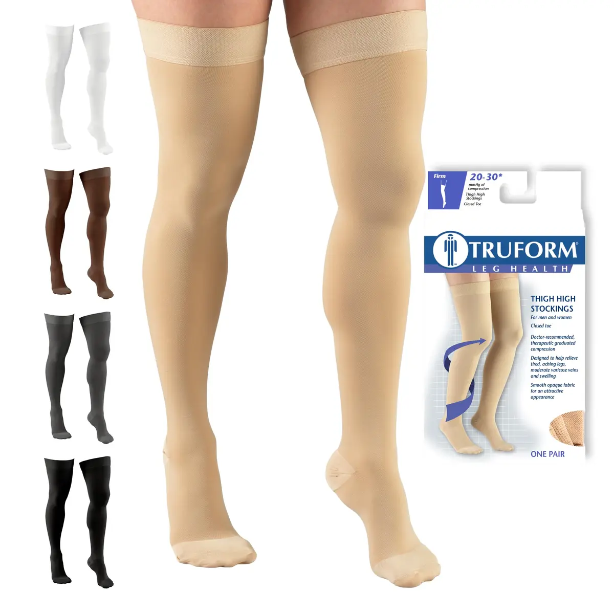 Truform 20-30 mmHg Compression Stockings for Men and Women, Thigh High, Beige, Large - main product image