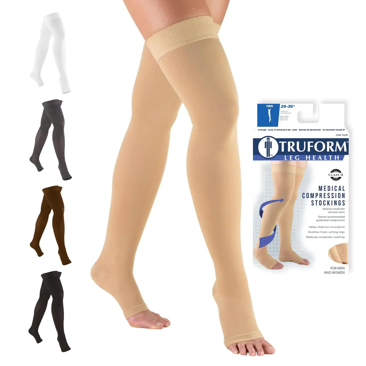 Truform 20-30 mmHg Compression Stockings for Men and Women | Thigh High Length, Dot-Top, Open Toe, Beige, Small - main product image