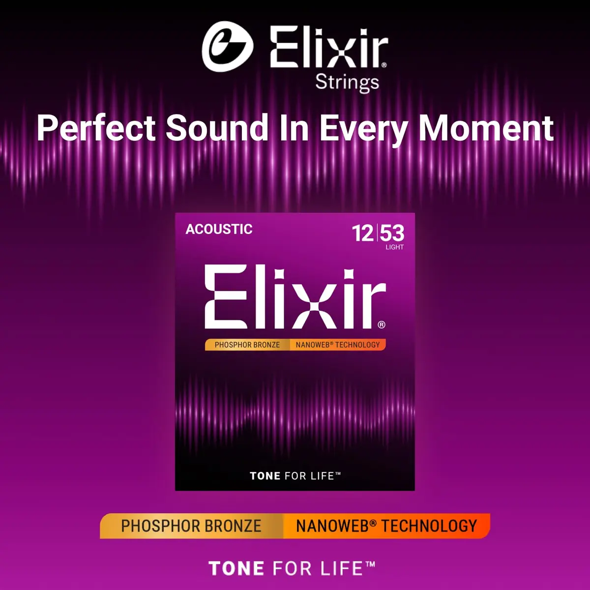 Elixir Phosphor Bronze NANOWEB Acoustic Guitar Strings Light 12-53 Set | Longest-Lasting Tone - view 2