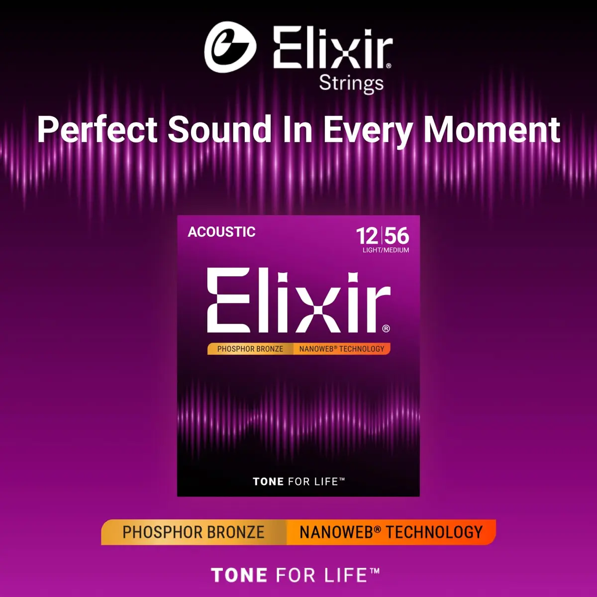 Elixir Phosphor Bronze NANOWEB Acoustic Guitar Strings, Light/Medium 12-56 | Longest-Lasting Tone - view 2