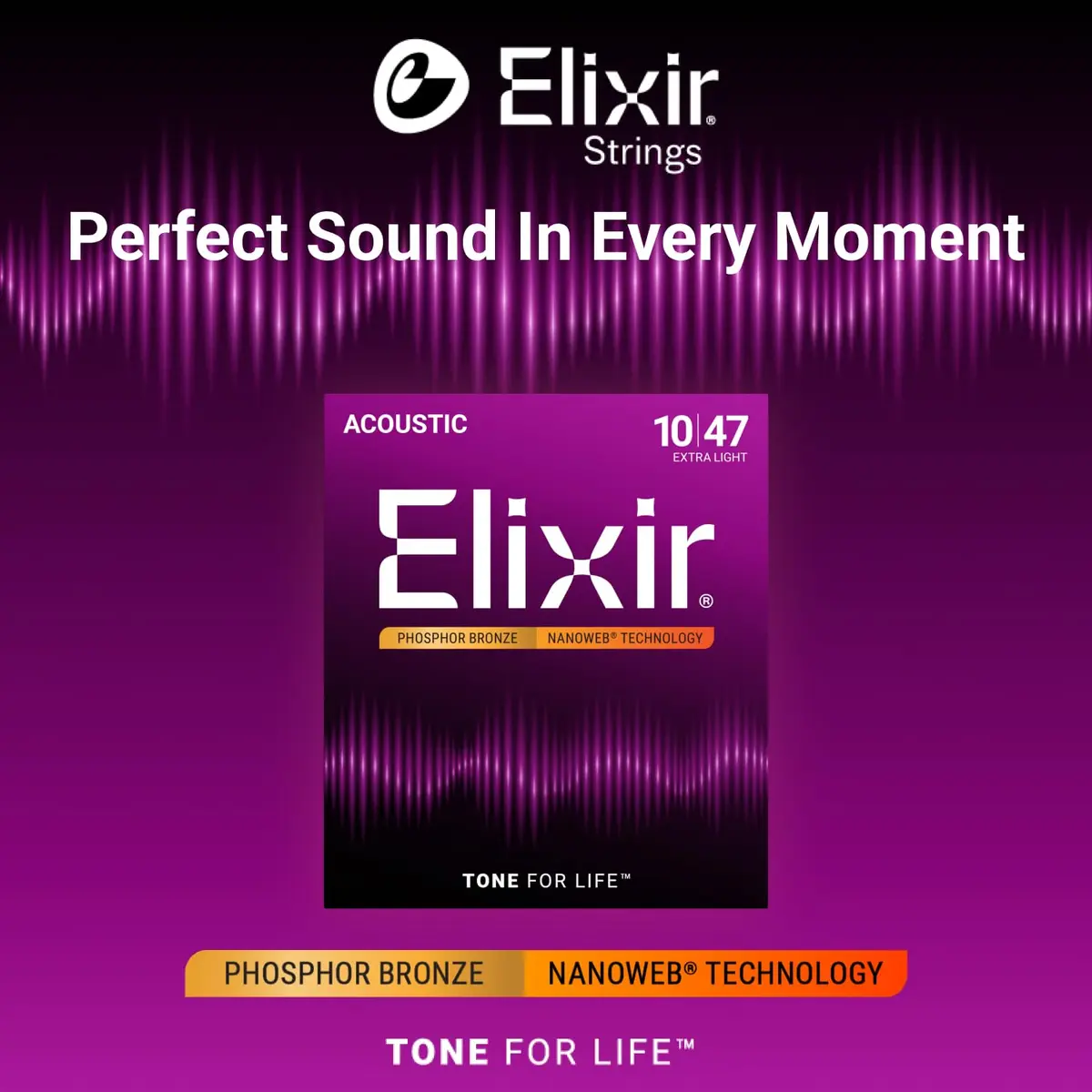 Elixir Acoustic Guitar Strings Phosphor Bronze NANOWEB 6-String 10-47 | Longest-Lasting Tone with Smooth Feel - view 2