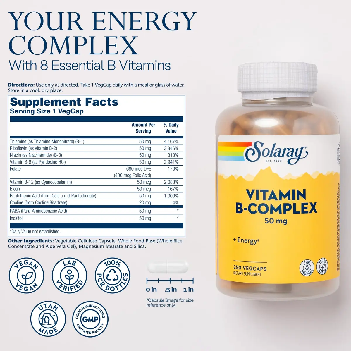 SOLARAY Vitamin B Complex 50 mg | Cellular Energy & Nerve Support (250 VegCaps) - view 2