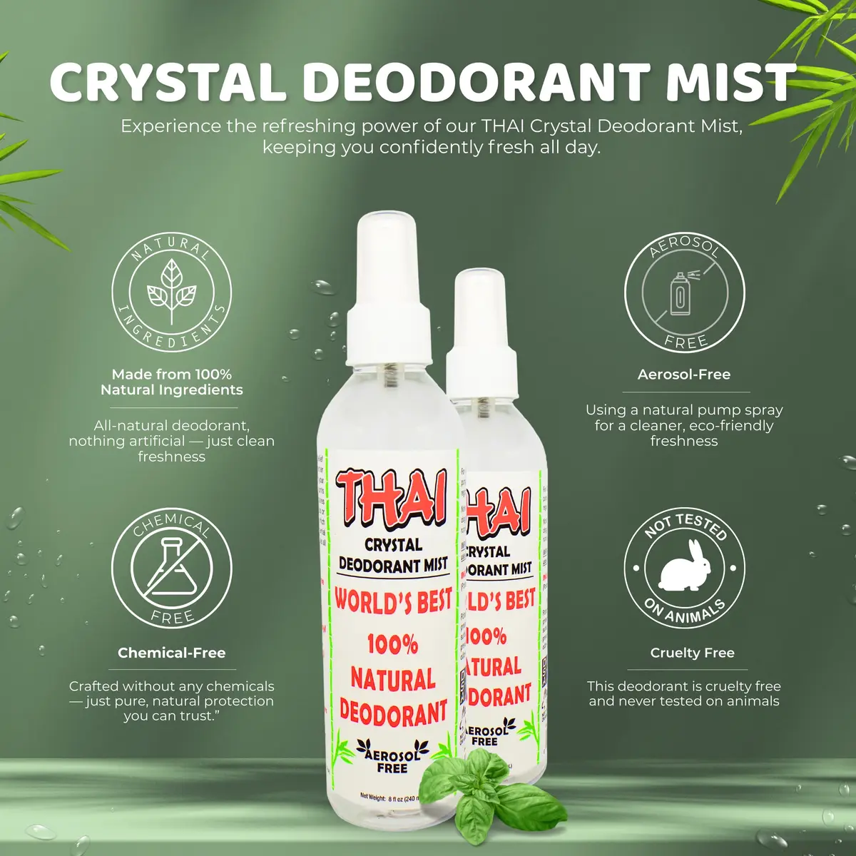 Thai Deodorant Stone Natural Crystal Mist Spray 8oz | 24hr Hypoallergenic Odor Control - view 2