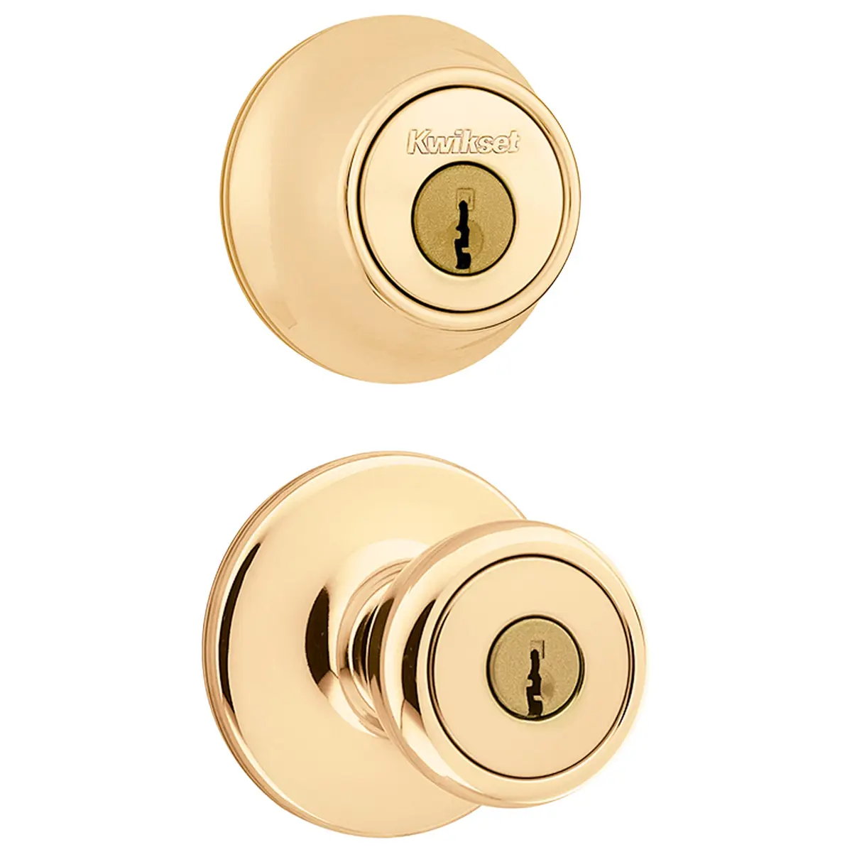 Kwikset Tylo Entry Knob & Double Cylinder Deadbolt Combo Pack in Polished Brass | Classic Security - view 2
