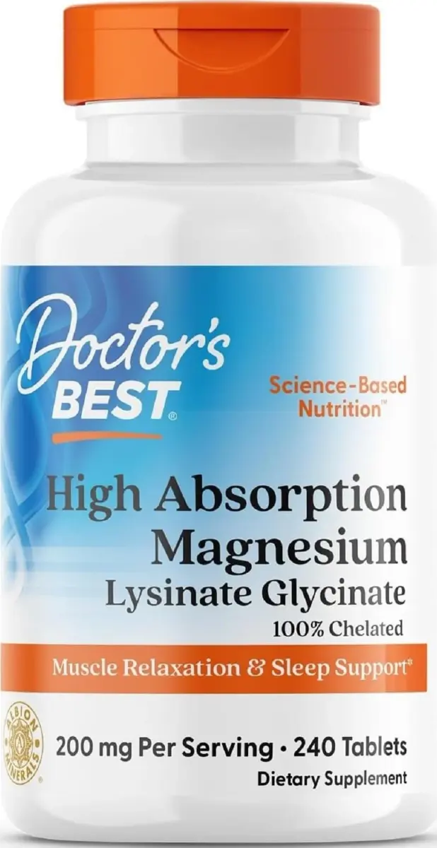 Doctor's Best High Absorption Magnesium Glycinate Lysinate Supplement 200mg 240 Count Tablets | Vegan, Gluten-Free, Non-GMO - main product image