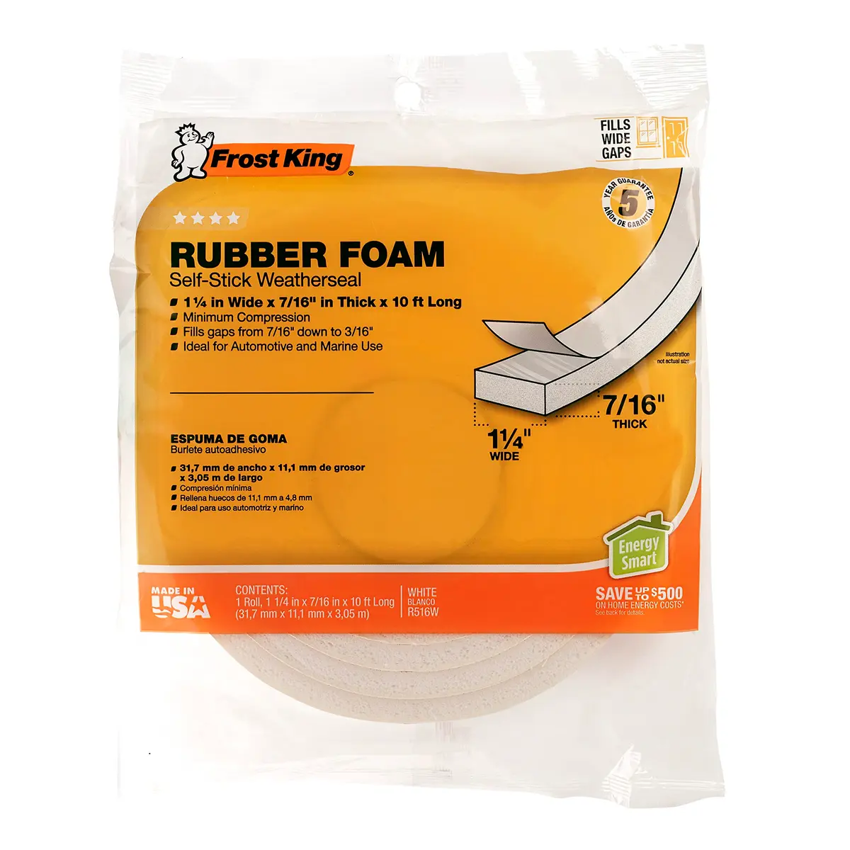 Frost King R516WH Sponge Rubber Foam Tape 1/4" x 7/16" x 10' | Weatherproofing Seal - view 5