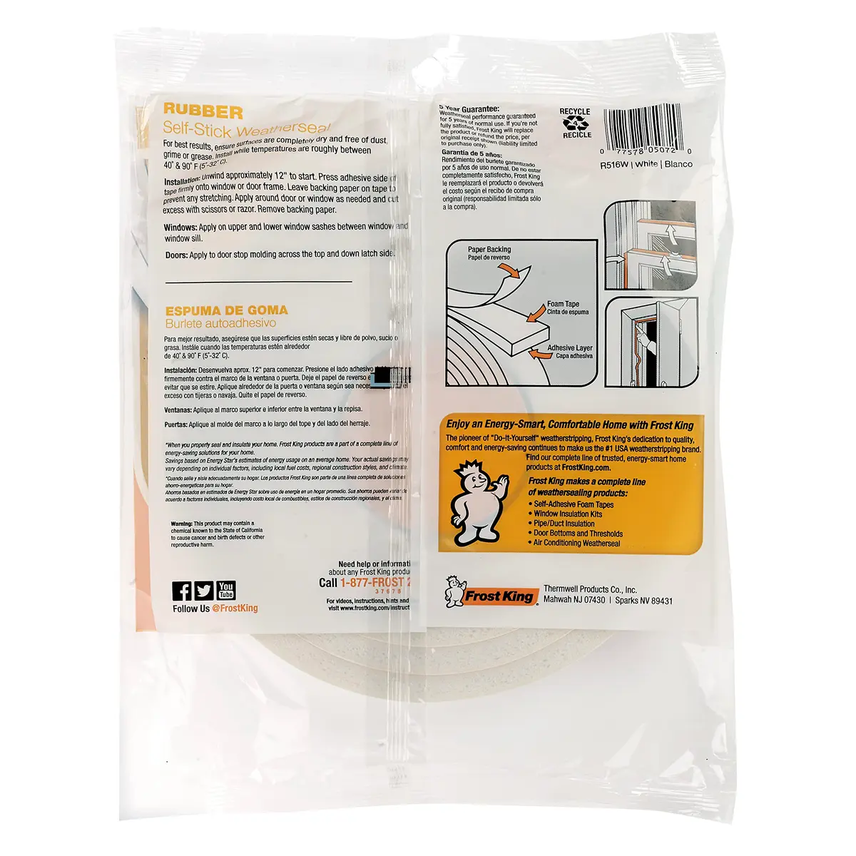 Frost King R516WH Sponge Rubber Foam Tape 1/4" x 7/16" x 10' | Weatherproofing Seal - view 6