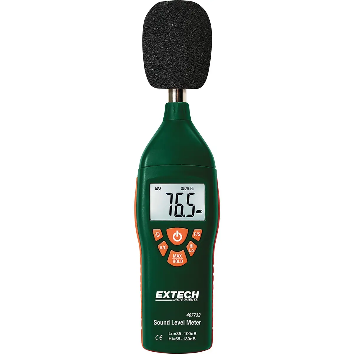 Extech Type 2 Digital Sound Level Meter 35 to 130 dB | ANSI/IEC 651, dual range, A/C weighting, fast/slow, data hold, max hold, windscreen, 9V battery - main product image