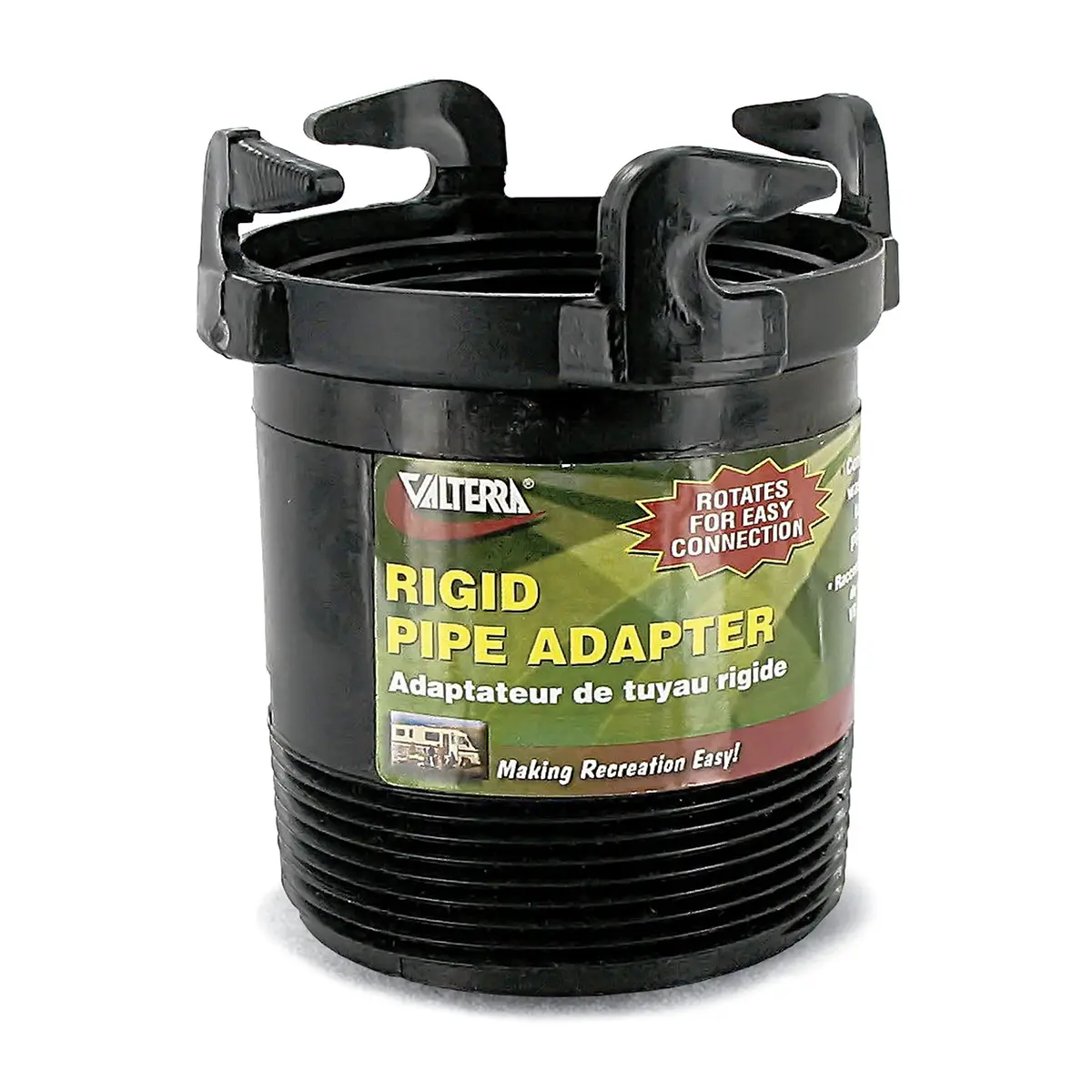 Valterra Rotating Rigid Sewer Pipe Bayonet Adapter with 3" Male Thread x Bayonet Hooks, Black | RV Waste Outlet Adapter - main product image