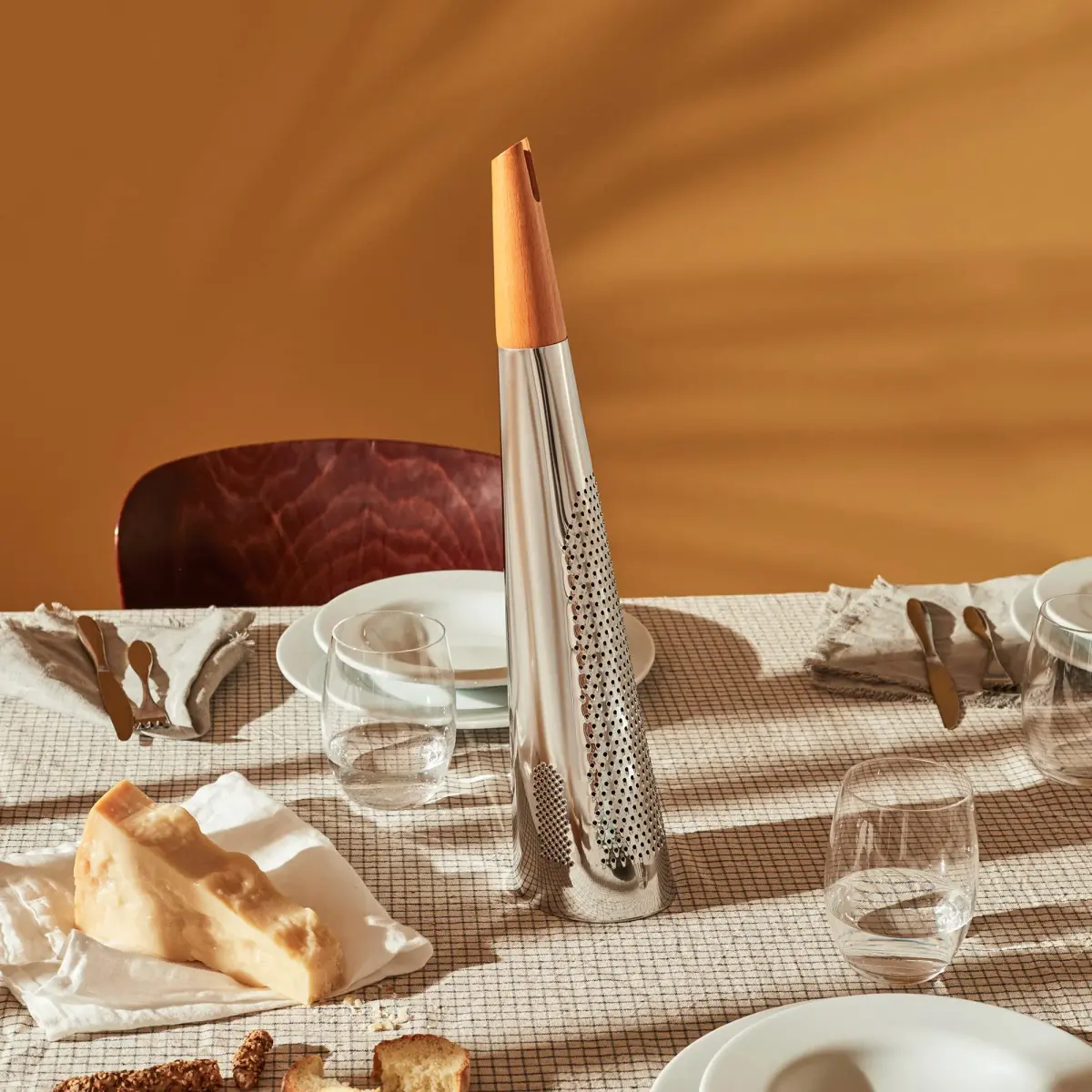 Alessi Todo Giant Cheese and Nutmeg Grater in Steel and Wood, Silver | 48.3 cm (19") Tall Grating Tool - view 5