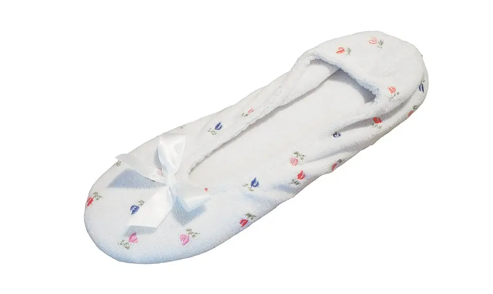 isotoner Women's Embroidered Plush Terry Ballerina Slippers , White Soft Tie Bow, 6.5-7. 5 - main product image