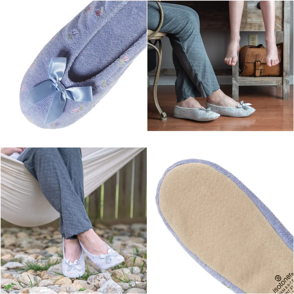 isotoner Women's Embroidered Plush Terry Ballerina Slippers , White Soft Tie Bow, 6.5-7. 5 - view 2