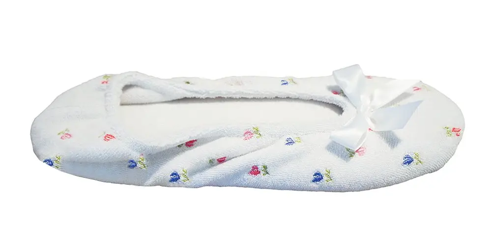 isotoner Women's Embroidered Plush Terry Ballerina Slippers , White Soft Tie Bow, 6.5-7. 5 - view 5